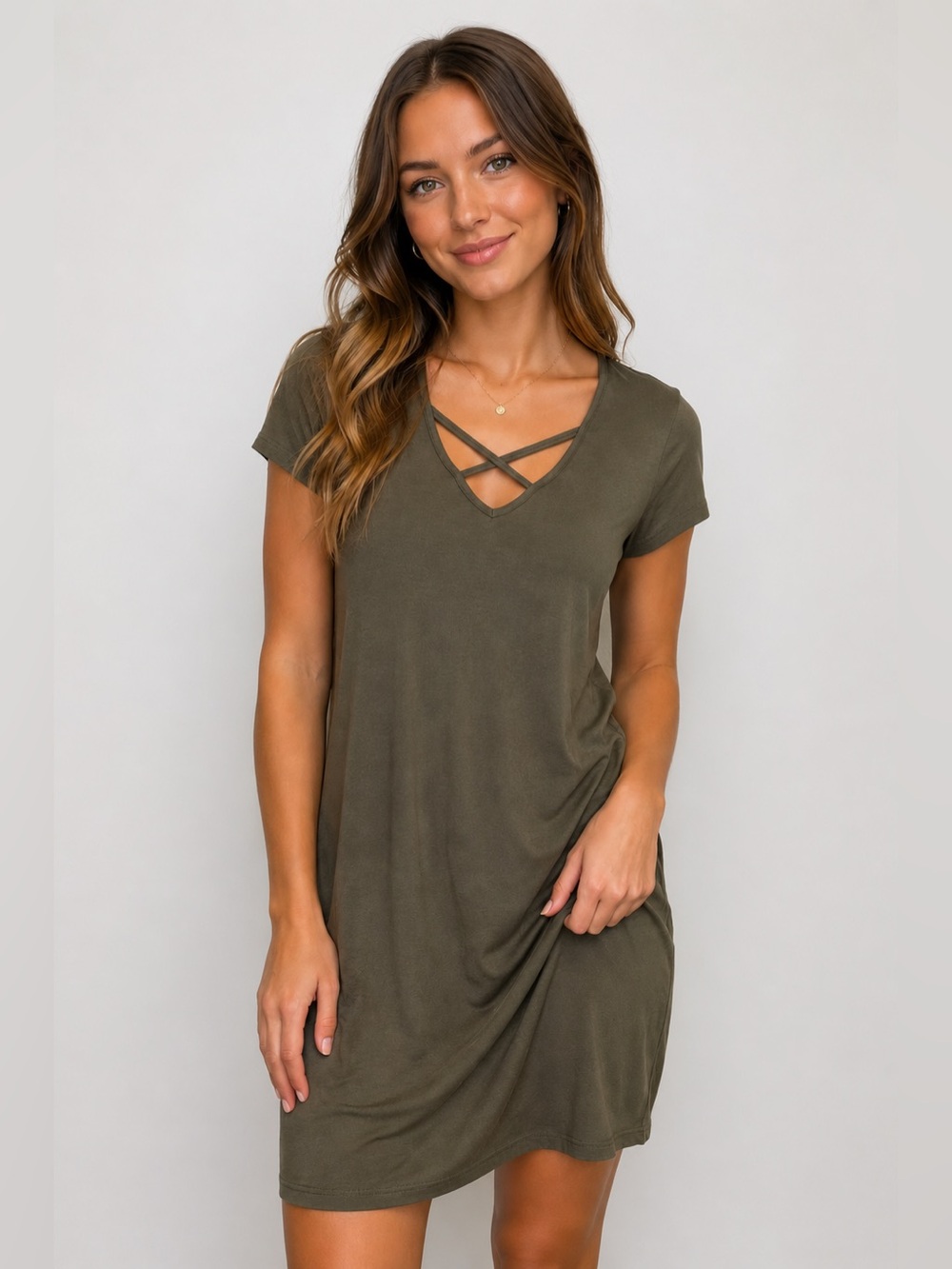 Cupio Green Sheath Mini Dress V-Neck Short Sleeve Casual
